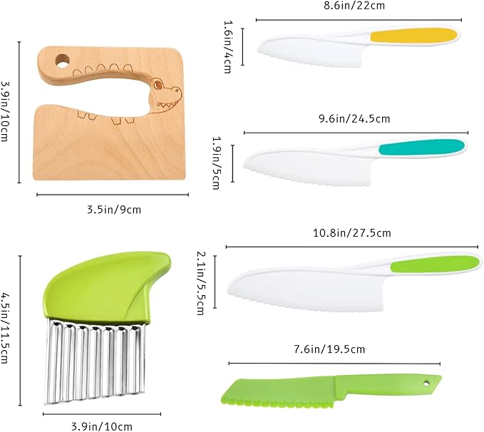 6 PCS Kids Kitchen Safe Wooden Knife Set for Real Cooking, Kids Montessori Kitchen Cooking Tools, Plastic Serrated Edges Toddler Knives, Crinkle Potato Cutter for Children Cooking (Green)