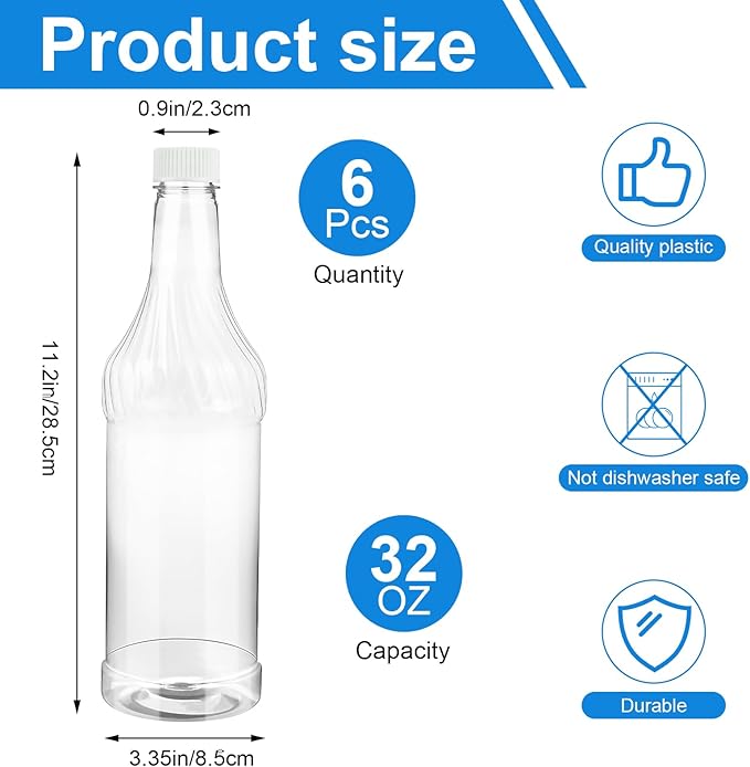 12 Pieces 32oz Plastic Long Neck Bottles with Pourer and Caps, Plastic Juice Pour Bottles with Stainless Steel Bottle Pourer, Clear Empty Syrup Liquor Bottles with Tapered Spout for Bar