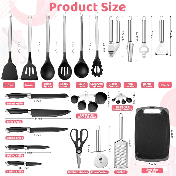 38 PCS Kitchen Utensils Set, Silicone Cooking Utensils Set with Kitchen Knife Set and Holder, Wooden Handle Kitchen Tool Set - Kitchenware Set (Black)