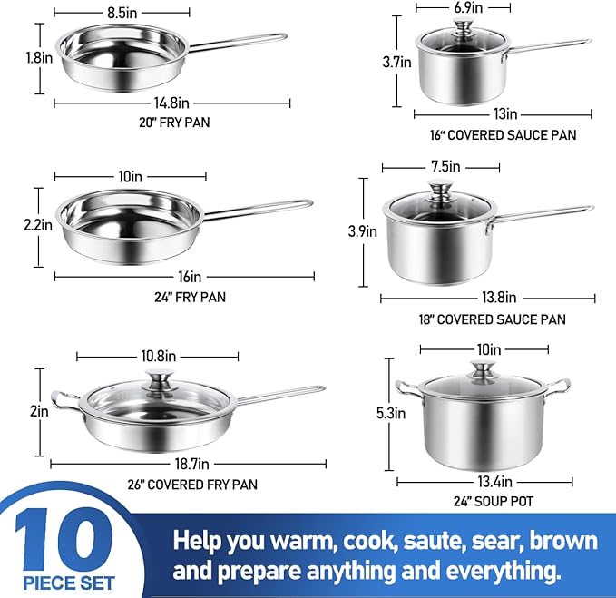 10-Piece Pots and Pans Set, Stainless Steel Cookware Set- Includes Ergonomic Handle Saucepans, Skillets, Dutch Oven, Stockpot, Steamer & More - Premium Pots and Pans for Home Chefs