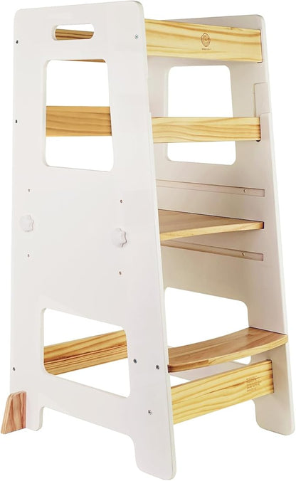 WOOD CITY Kitchen Step Stool - Safe Montessori Standing Tower for Kids with Safety Rail, Height Adjustable Toddler Ideal Helper for Learning New Skills, Anti-Slip Protection for Bathroom - White