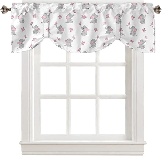 Tie Up Valance for Kitchen Living Room Farmhouse - Cute Girly Pink Baby Elephant and Butterfly Rod Pocket Adjustable Tie-up Shade Valance for Small Window, Balloon Drape Valance 42x12 inches