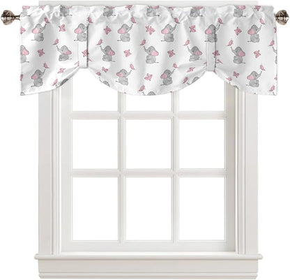 Tie Up Valance for Kitchen Living Room Farmhouse - Cute Girly Pink Baby Elephant and Butterfly Rod Pocket Adjustable Tie-up Shade Valance for Small Window, Balloon Drape Valance 60x18 inches