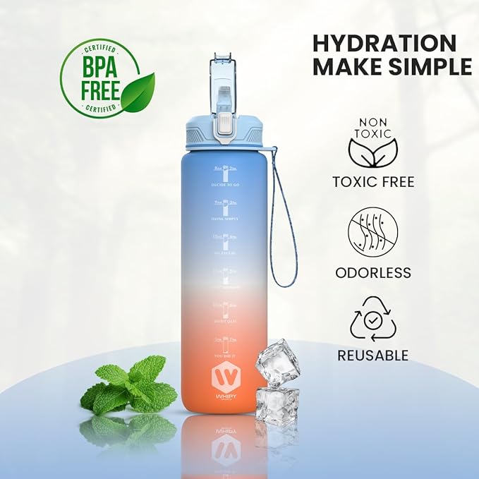 1L Water Bottle with Straw - Leak-Proof & BPA Free Reusable Sports Bottle - Motivational Time Markings for Hydration Durable Drink Bottle for Gym, Sports, Outdoor (Blue and Orange)