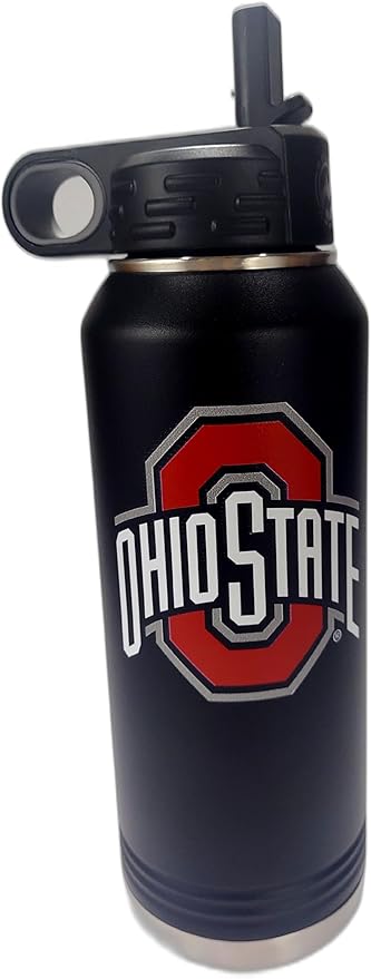 Ohio State University 32oz Stainless Steel Double Walled Black Beverage Bottle with Flip Straw Spout - College Gear for Playoff Season – For Office, Home or Auto – Show your Buckeye Pride