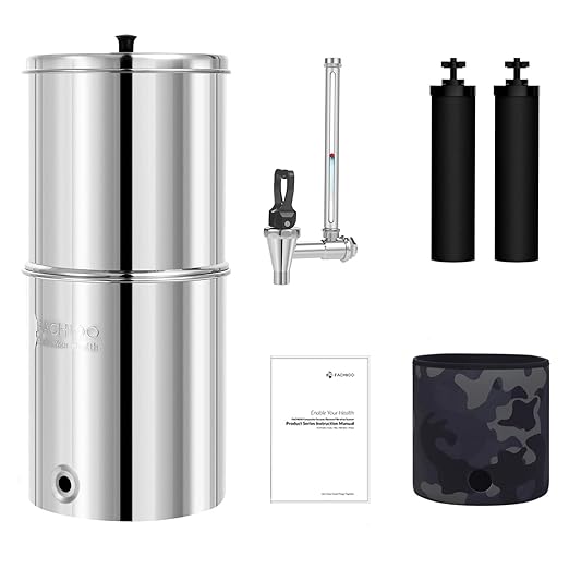 2.25G Gravity Water Filter System, NSF/ANSI 42 Certified, with 2 Black Carbon Filters and Stainless Steel Spigot, Reduce Chlorine, for Home, Camping, RVing, Off-Grid, Emergencies