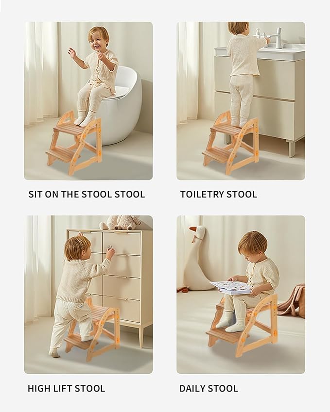 Wooden Step Stool for Kids, Kitchen Toddler Step Stool for Bathroom Sink and Toilet Stool for Kids Potty Training Anti-Slip Sturdy Height Lift Stool (Natural)