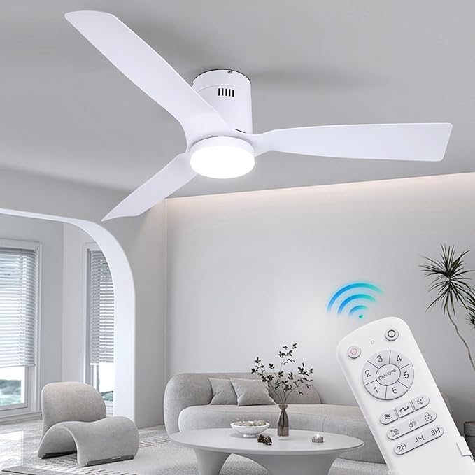 52 inch Flush Mount Ceiling Fan White,with Remote,22W Dimmable LED Light,DC Motor,6 Speed,Reversible,Low Profile Ceiling Fan Outdoor Indoor with Memory Function for Bedroom/Patios/Kitchen