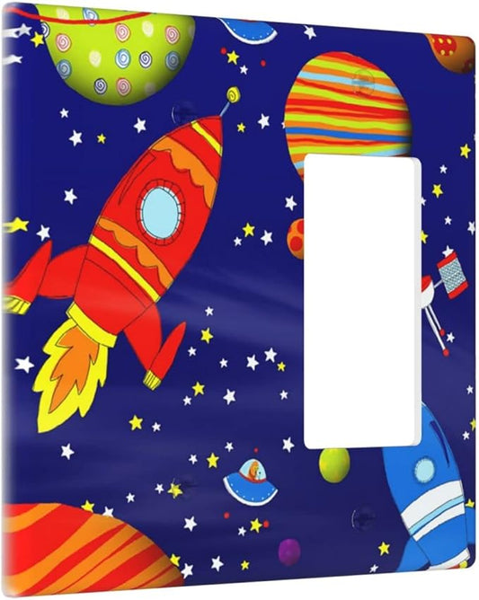 Space Astronaut Combo Single Blank 1 Rocker Light Switch Wall Plate Cover Decorative 2-Gang for Electrical Boys Kids Room Bathroom Bedroom Home Kitchen One Decora Receptacle 4.5" x 4.6"