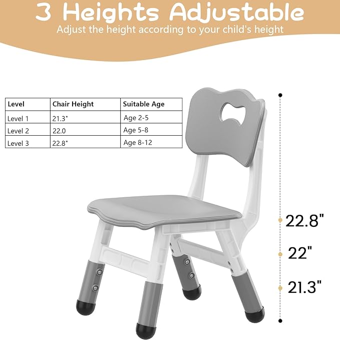 Adjustable Kids Chair (2pcs), 3 Level Height Adjustable Toddler Chair, Plastic Indoor Outdoor Child Chair for Children Age 2-8 Family School Home Daycare Use, Gray