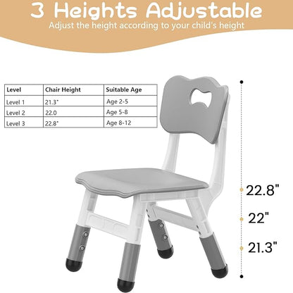 Adjustable Kids Chair (2pcs), 3 Level Height Adjustable Toddler Chair, Plastic Indoor Outdoor Child Chair for Children Age 2-8 Family School Home Daycare Use, Gray