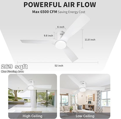 52 inch Flush Mount Ceiling Fan White,with Remote,22W Dimmable LED Light,DC Motor,6 Speed,Reversible,Low Profile Ceiling Fan Outdoor Indoor with Memory Function for Bedroom/Patios/Kitchen