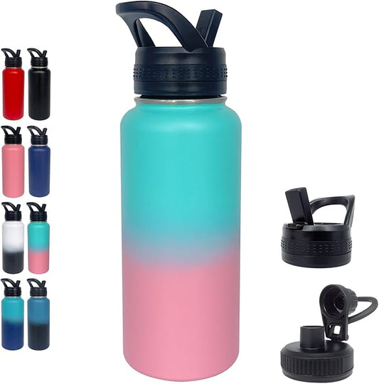 1pack 32 oz Insulated Water Bottle With Straw, Stainless Steel Sports Water Cup Flask with 2 Lids, Wide Mouth Travel Thermal Mug,Pink gradient