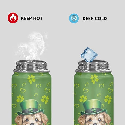 ZOUTAIRONG Dog Insulated Water Bottle 18 oz Green Stainless Steel Water Bottles for Travelling, Camping, Cycling Water Bottle Vacuum Cup St. Patrick's Day Green Leaves Holiday Gifts