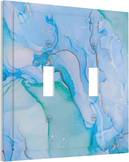 Abstract Marble Blue Gold Double Toggle Light Switch Covers 2 Gang Wall Plate Dual Decorative Switchplate Electrical Faceplate for Bathroom Country Kitchen Bedroom Decor, 4.9" x 5"