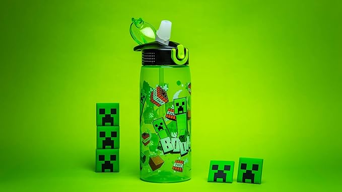 Zak Designs Minecraft Water Bottle For School or Travel, 25 oz Durable Plastic Water Bottle With Straw, Handle, and Leak-Proof, Pop-Up Spout Cover (Creeper)