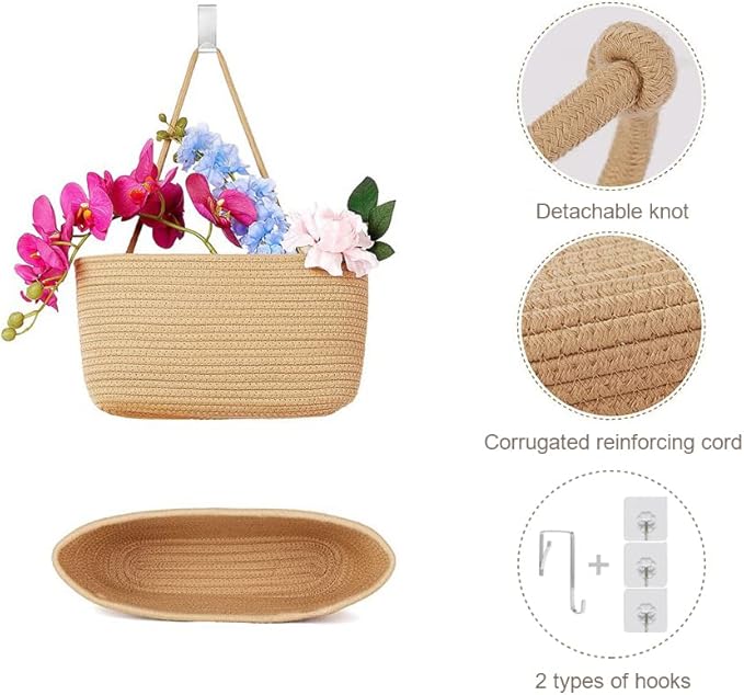 TeoKJ Over the Door Hanging Basket, 2-Tier Woven Cotton Wall-Mounted Storage Organizer Bag Decorative Hanging Kitchen Baskets - Jute