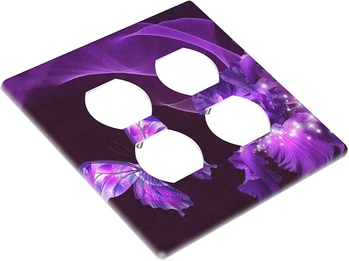 Purple Butterfly Flower Double Outlet Switch Wall Plate Cover Decorative 2-Gang for Electrical Girls Room Bathroom Bedroom Home Kitchen Two Receptacle Polycarbonate Power Gear 4.5" x 2.76"