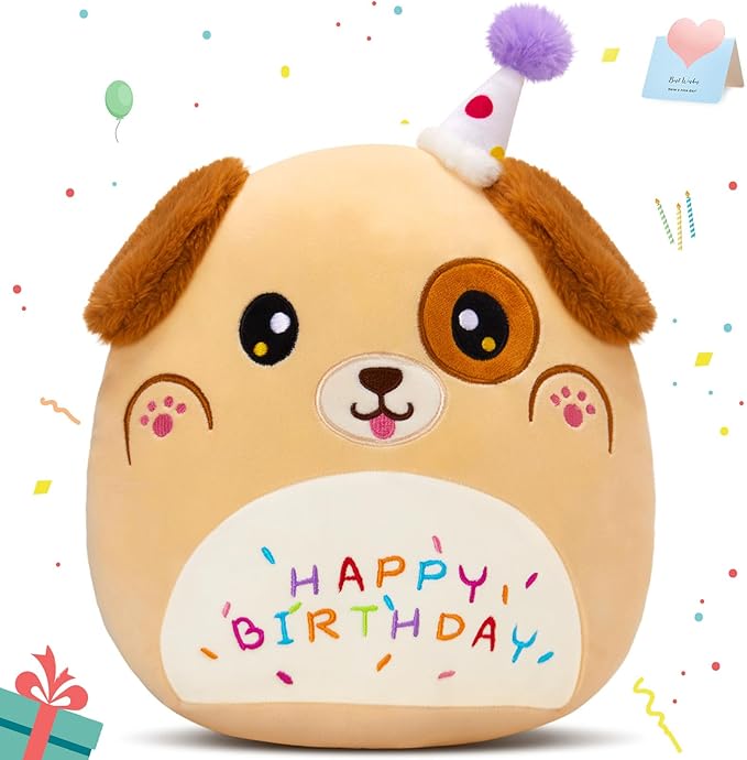 14'' Happy Birthday Puppy Soft Plush Pillow,Cute Birthday Dog Plush,Kawaii Dog Stuffed Animal,Happy Birthday Plush Toy Birthday Party Decoration Birthday Gifts for Kids Boys Girls