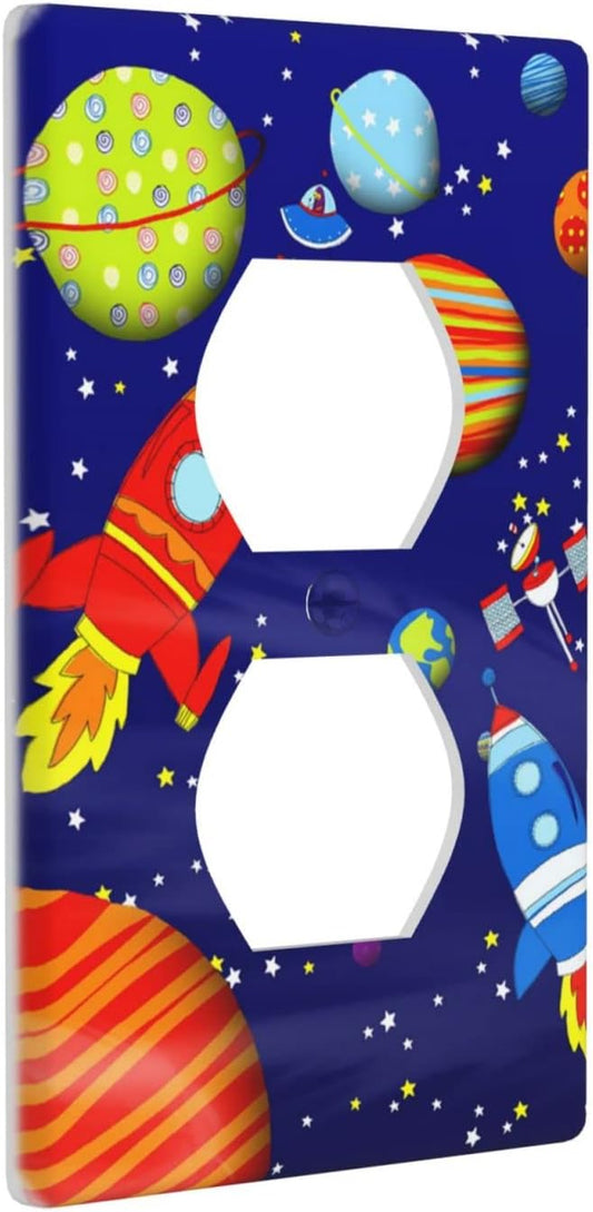 Space Astronaut Duplex Outlet Switch Wall Plate Cover Decorative 1-Gang for Electrical Boys Kids Room Bathroom Bedroom Home Kitchen One Receptacle Polycarbonate Power Gear 4.5" x 2.76"