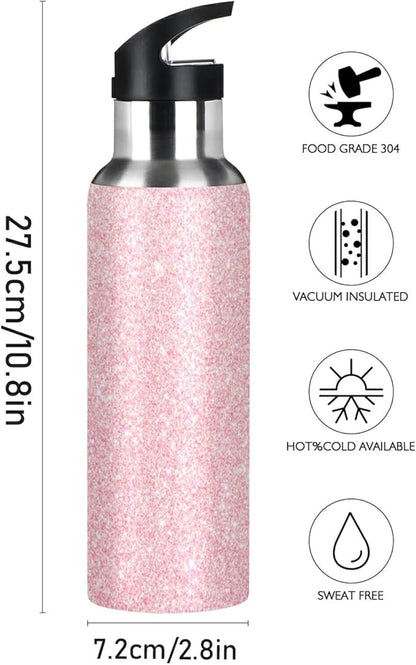 xigua 22 OZ Pink Glitter Texture Water Bottle with Straw, Sports Water Bottle BPA Free Stainless Steel Water Jugs for Gym, Kitchen, Working, Outdoor