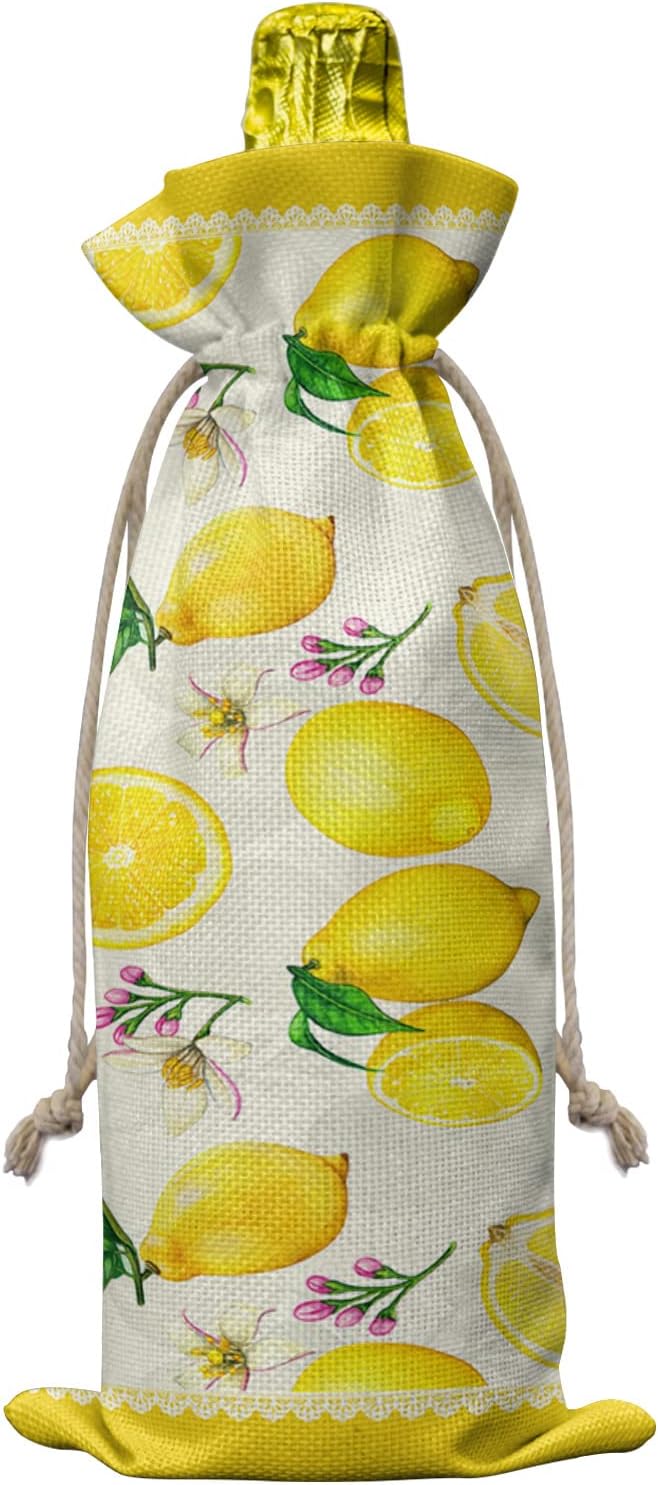 10 Pack Wine Bottle Bags, Summer Lemon Wine Bottle Cover with Drawstring, Yellow Tropical Lemon Spring Floral Gift Bag for Champagne Wedding Birthday Party