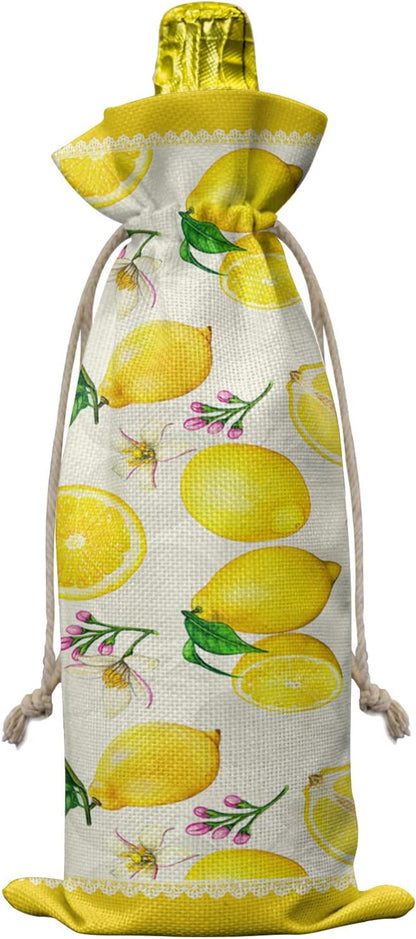 10 Pack Wine Bottle Bags, Summer Lemon Wine Bottle Cover with Drawstring, Yellow Tropical Lemon Spring Floral Gift Bag for Champagne Wedding Birthday Party