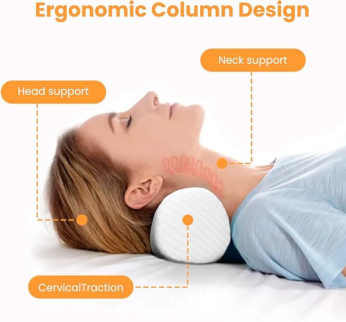 Neck Pillow for Sleeping, Cervical Pillow with Washable Zippered Cover, Cervical Round Pillow for Support with Breathable Cover, Home Travel Cylindrical Bolster for Bed, Legs, Back and Yoga (White)