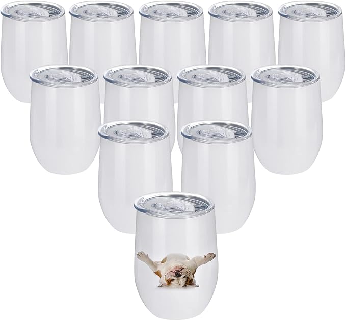 12 Pack Sublimation Tumblers Blank Stemless Wine Tumbler Bulk White Stainless Steel Insulated Tumbler with Lid for Heat Transfer, Individually Boxed, 12 oz (12)