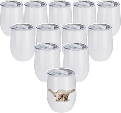 12 Pack Sublimation Tumblers Blank Stemless Wine Tumbler Bulk White Stainless Steel Insulated Tumbler with Lid for Heat Transfer, Individually Boxed, 12 oz (12)