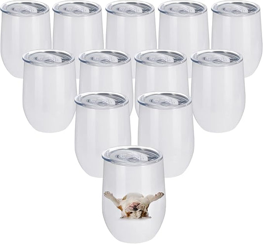 12 Pack Sublimation Tumblers Blank Stemless Wine Tumbler Bulk White Stainless Steel Insulated Tumbler with Lid for Heat Transfer, Individually Boxed, 12 oz (12)