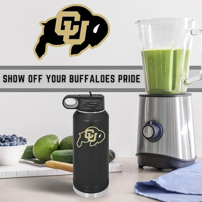 University of Colorado 32oz Stainless Steel Double Walled Black Beverage Bottle with Flip Straw Spout - College Gear for Playoff Season – For Office, Home or Auto – Show your Buff Nation Pride