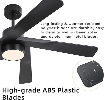 WINGBO 64" ABS DC Ceiling Fan with Lights, 5 Blade ABS Plastic Ceiling Fan with Remote, 6-Speed Reversible DC Motor, LED Ceiling Fan for Kitchen Bedroom Living Room, Matte Black