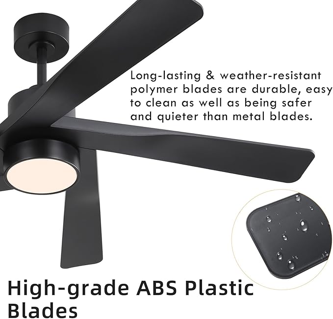 WINGBO 54" ABS DC Ceiling Fan with Lights, 5 Blade ABS Plastic Ceiling Fan with Remote, 6-Speed Reversible DC Motor, LED Ceiling Fan for Kitchen Bedroom Living Room, Matte Black