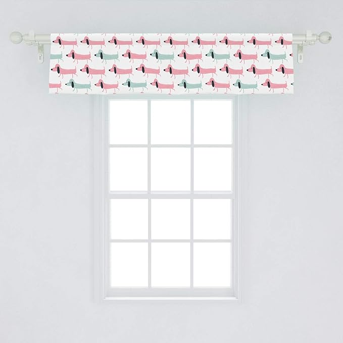 Ambesonne Dachshund Window Valance, Pattern with Funny Cartoon Sausage Dogs, Curtain Valance for Kitchen Bedroom Decor with Rod Pocket, 54" X 12", Seafoam Pink