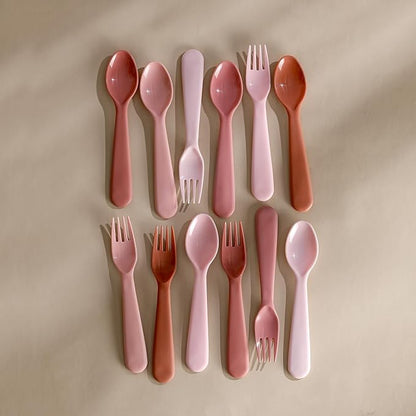 12 Pcs Toddler Utensils Set, Plastic Spoons and Forks Set for Kids, Multicolor Children Safe Flatware, Plastic Reusable Cutlery, BPA Free, Dishwasher Safe - Pink