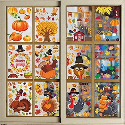 12 Sheets Thanksgiving Window Clings Turkey Maple Leave Window Stickers Fall Window clings for Home Window Decoration Autumn Window Decals for Home Office Classroom Party(Style C)