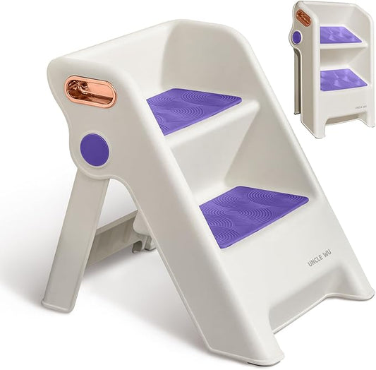 UNCLE WU Foldable 2-Step Stool for Kids -Potty Seat Training Aid with Safety Handles,Durable - Perfect for Potty Training, Bathroom Sink,Kitchen Stand Stool & Bedroom Step Stool (Purple)