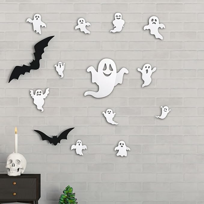 24Pcs Halloween Ghost Wall Decor 3D Ghost Stickers Decor Reusable Cute Halloween Decor Self-Adhesive White Ghost Wall Decorations for Gothic Window Door Wall Room Closet Halloween Home Decor Stickers