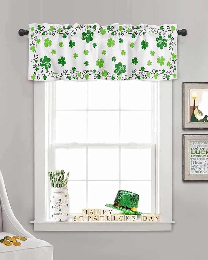 Vandarllin St. Patrick's Day Kitchen Curtains Valances for Windows Green Shamrock Irish Clover Rod Pocket Window Treatment for Kitchen/Living Room/Bedroom/Bathroom, 42" X 18", Seasonal Spring Holiday