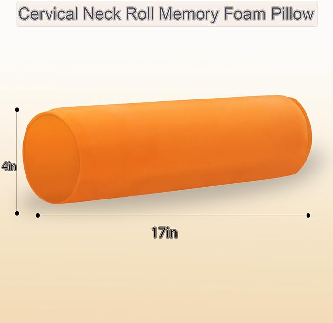 Round Cervical Roll Cylinder Bolster Pillow, 4" x 17" Orthopedic Cervical Roll Memory Foam Ergonomically Pillow forBed， Car, Office and Home Use，with Washable Cover (Orange)