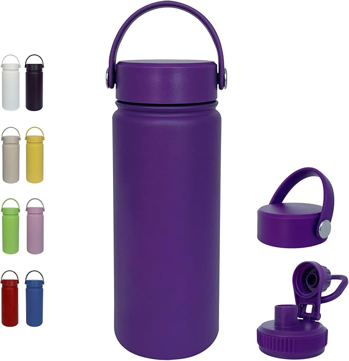 18oz Insulated Water Bottle ，Stainless Steel Sports Water Cup Flask with 2 Lids, Wide Mouth Travel Thermal Mug,Outdoor Sports Bottle（Purple）