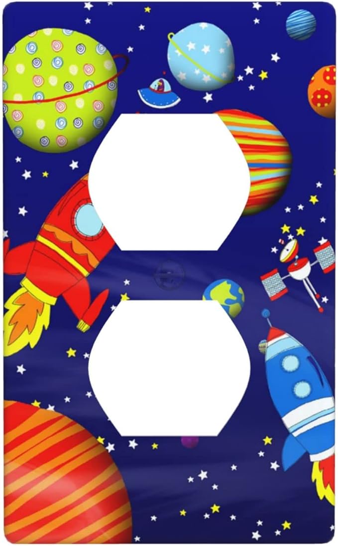 Space Astronaut Duplex Outlet Switch Wall Plate Cover Decorative 1-Gang for Electrical Boys Kids Room Bathroom Bedroom Home Kitchen One Receptacle Polycarbonate Power Gear 4.5" x 2.76"