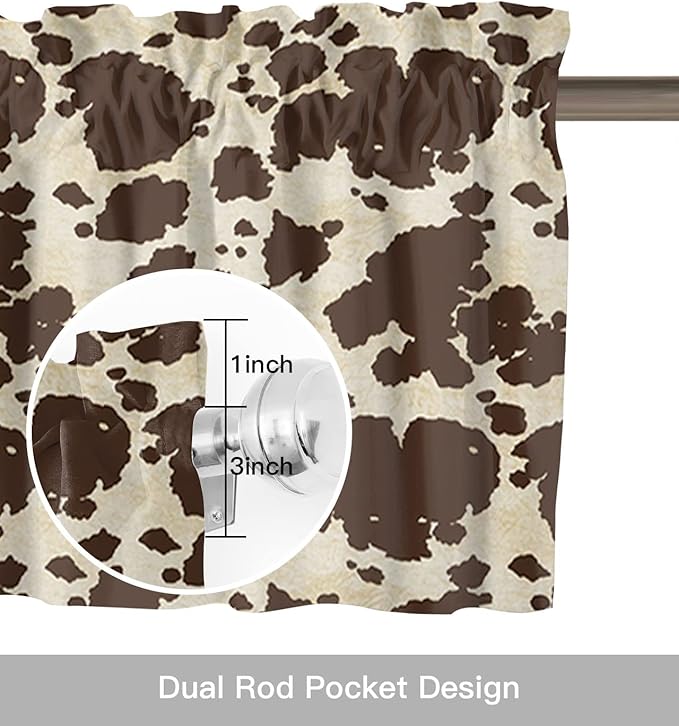 Vandarllin Brown Cowhide Cow Print Kitchen Curtains Valances for Windows Graffie Rod Pocket Window Treatment for Kitchen/Living Room/Bedroom/Bathroom,42" X 18" -1 Panel,