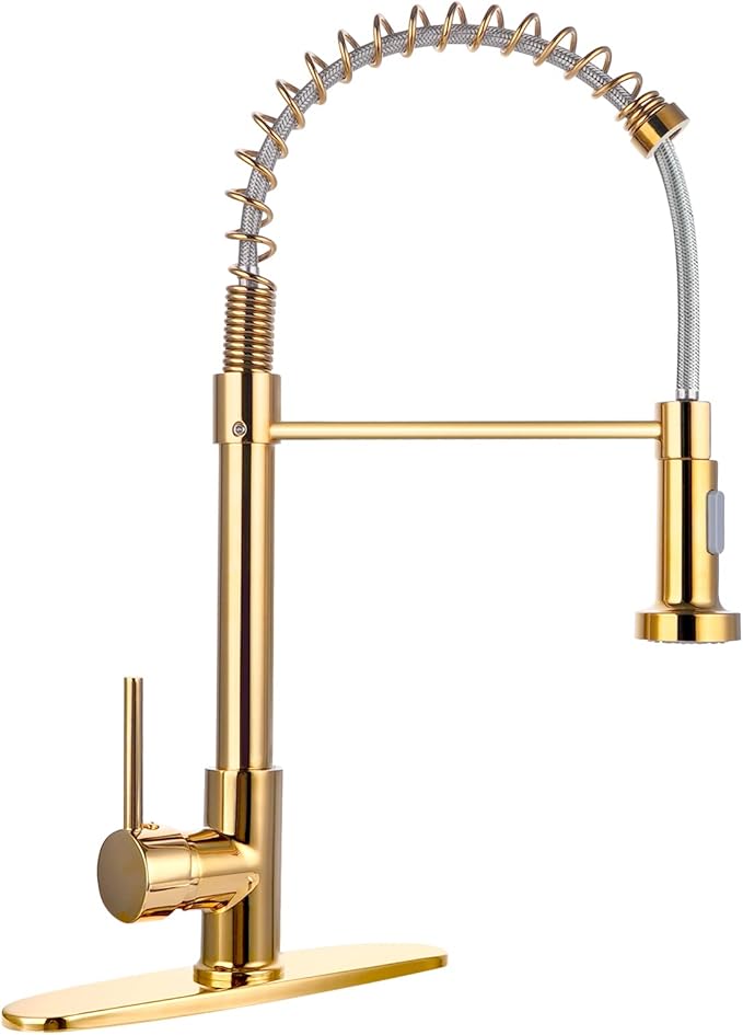 Utility Single Hole Kitchen Faucet with Pull Down Spray, Polished Gold