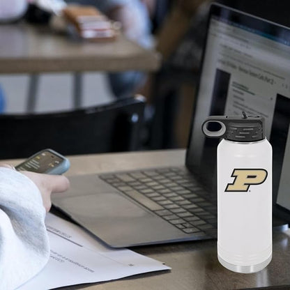 Purdue University 32oz Stainless Steel Double Walled White Beverage Bottle with Flip Straw Spout - College Gear for Playoff Season – For Office, Home or Auto – Show your Boilermaker Pride