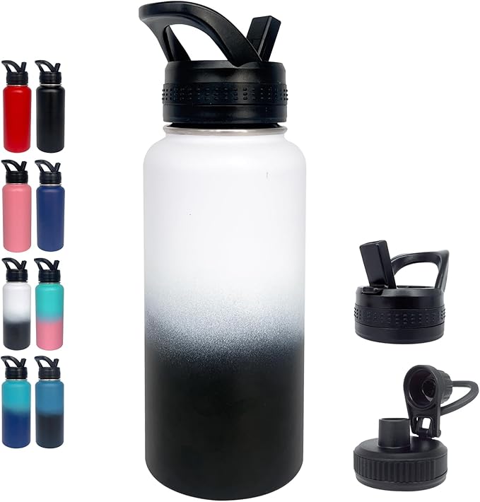 1pack 32 oz Insulated Water Bottle With Straw, Stainless Steel Sports Water Cup Flask with 2 Lids, Wide Mouth Travel Thermal Mug,Black white