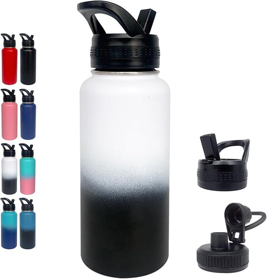 1pack 32 oz Insulated Water Bottle With Straw, Stainless Steel Sports Water Cup Flask with 2 Lids, Wide Mouth Travel Thermal Mug,Black white