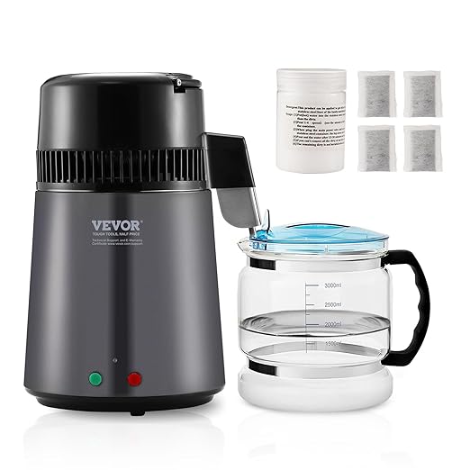 VEVOR Water Distiller, 4L 1.05 Gallon Pure Water Purifier Filter for Home Countertop, 750W Distilled Water Maker, Stainless Steel Interior Distiller Water Making Machine to Make Clean Water, Gray