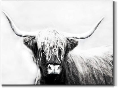 Renditions Gallery Canvas Animal Wall Art Home Paintings & Prints Highland Longhorn Cow Modern Black & White Glam Horror Artwork Decorations for Bedroom Office Kitchen - 8"x12" LT33